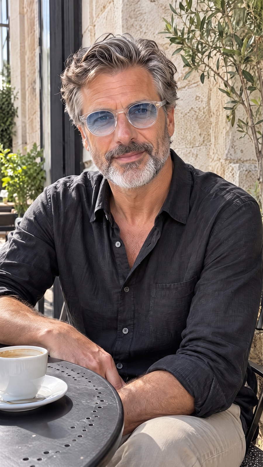 Le même homme avec la Riviera, monture transparente et verres bleu glacier