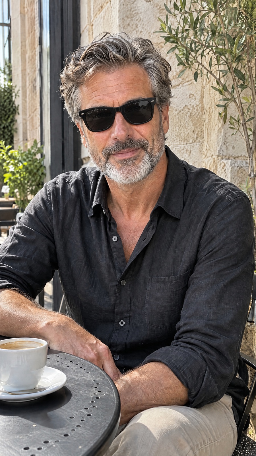 Homme poivre et sel en terrasse avec des lunettes noires épaisses